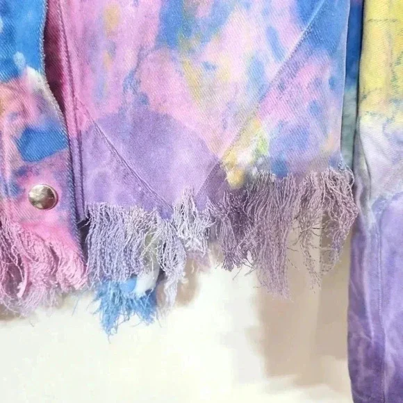 Vintage Fringe Denim Cropped Tie-Dye Jacket - Size Medium - Picture 12 of 13